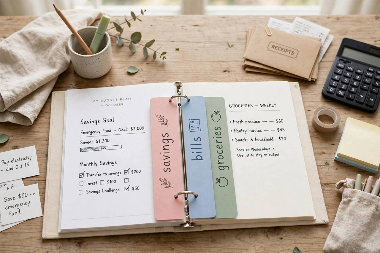 Colorful budget binder dividers labeled savings bills and groceries