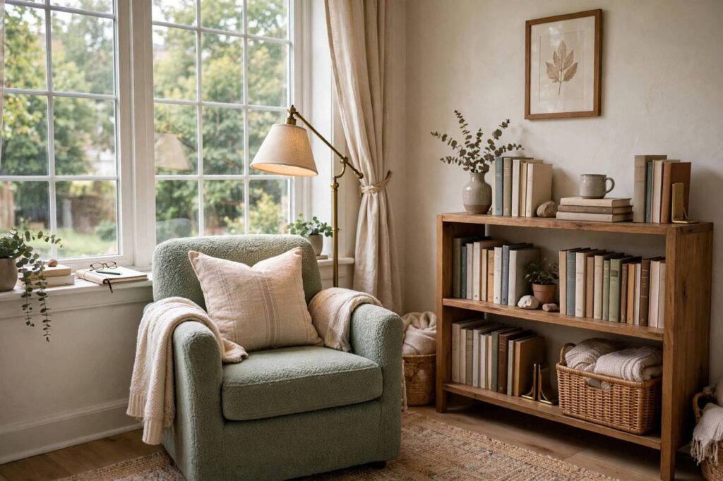 Cozy reading nook with armchair, lamp, and bookshelf by a window