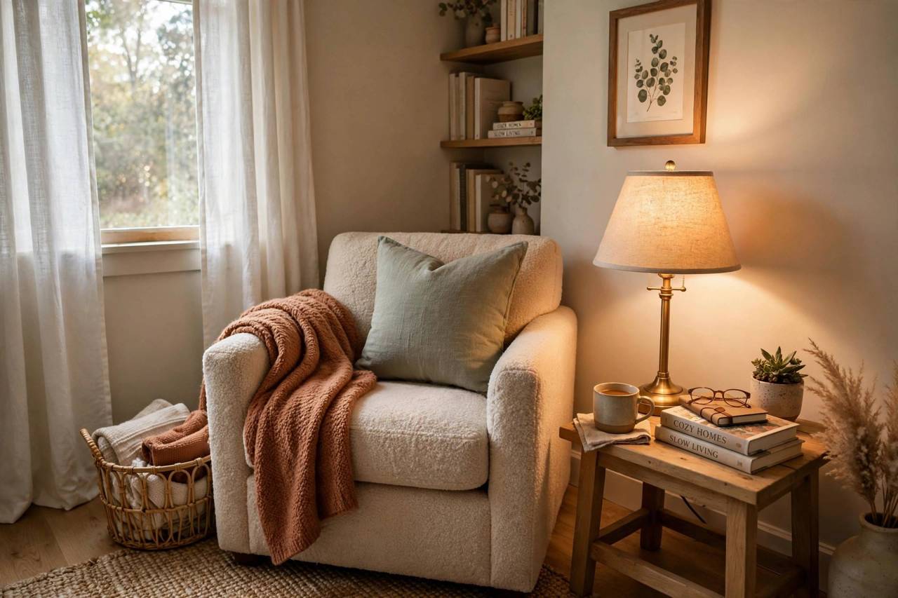 Warm reading lamp glowing beside a comfortable armchair