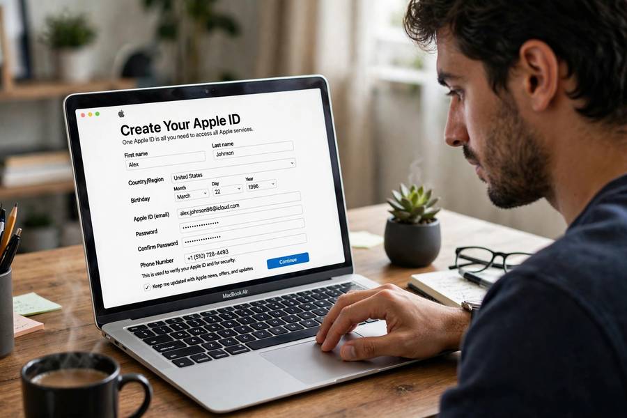 Person creating a new Apple ID on a MacBook
