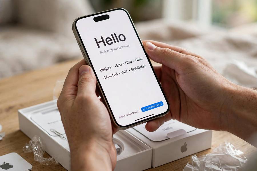 Hands holding a new iPhone during initial setup
