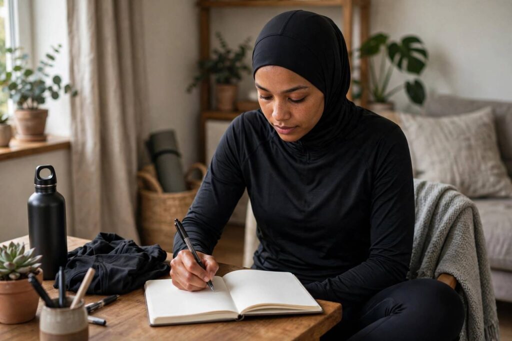 Person in modest full-coverage athletic wear (torso fully covered, no midriff, full-length leggings) writing in a workout planner notebook at home, landscape