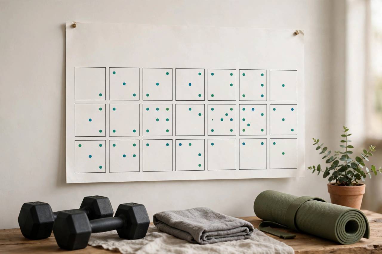 Weekly wall calendar with workout sessions marked, dumbbells nearby, no people, landscape