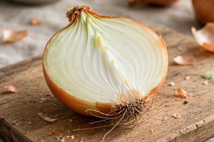 A halved onion showing the root end kept intact during chopping