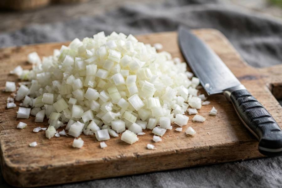 Neatly diced onion pieces piled on a cutting board next to a chef's knife