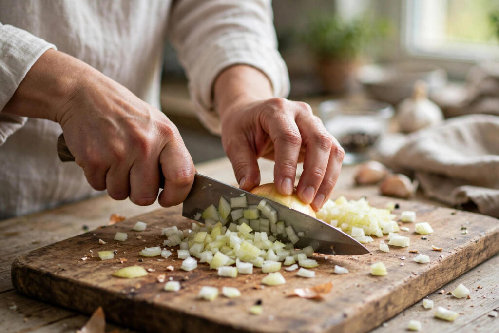 Hands dicing an onion on a wooden cutting board