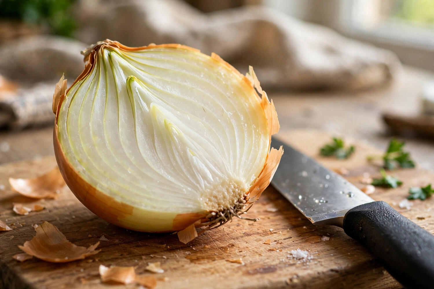 Close-up of onion halves showing layers before chopping