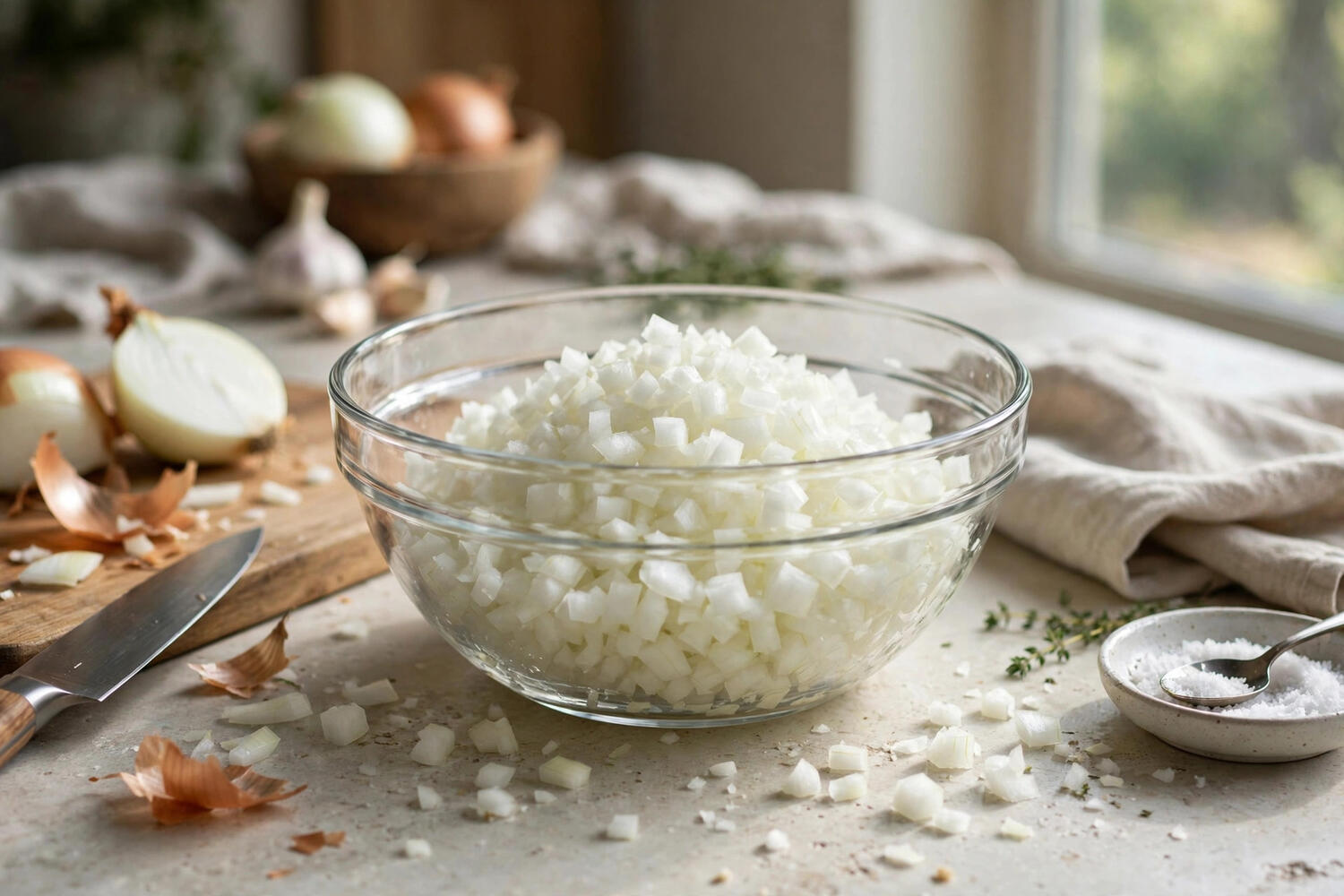 Bowl of freshly diced onions ready for cooking
