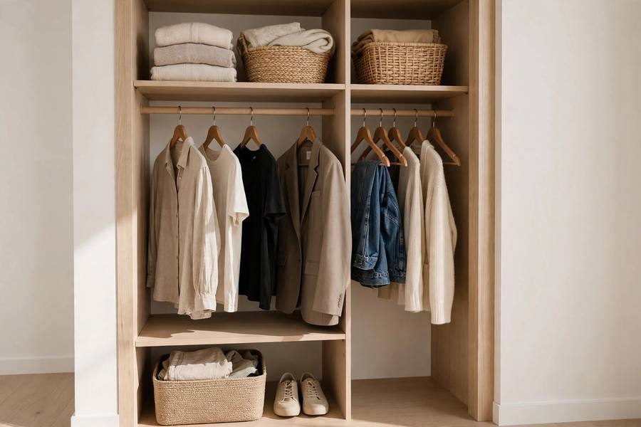 Neatly organized minimalist closet with only essential clothing