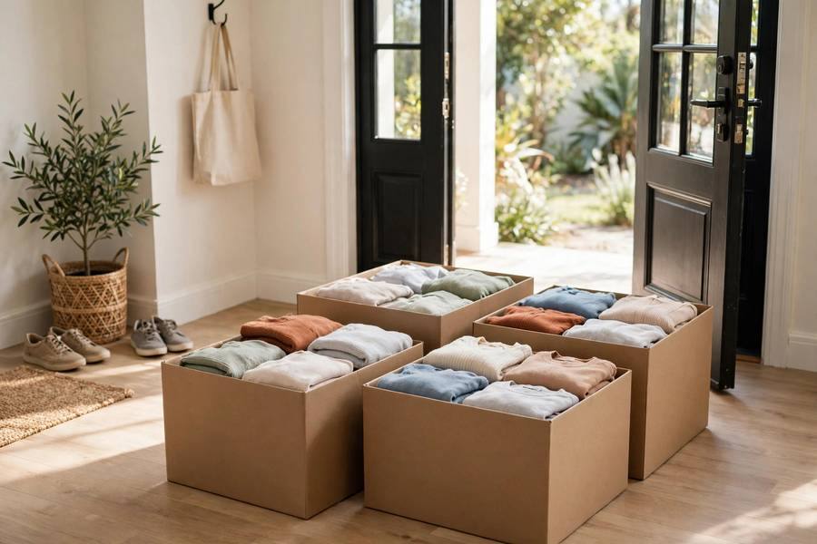 Donation boxes filled with clothes ready to leave the house