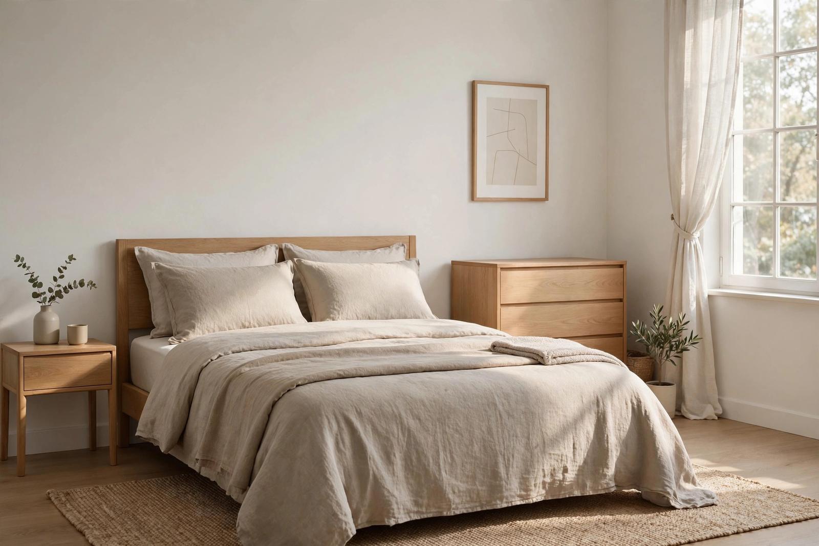 Calm, tidy bedroom with soft natural light, a made bed, and clear surfaces