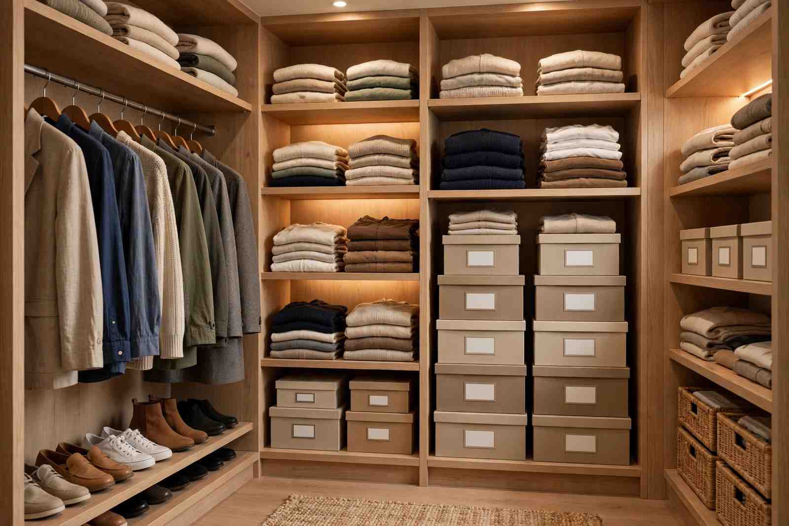 Organized closet with clothes neatly hung and labeled storage boxes on shelves