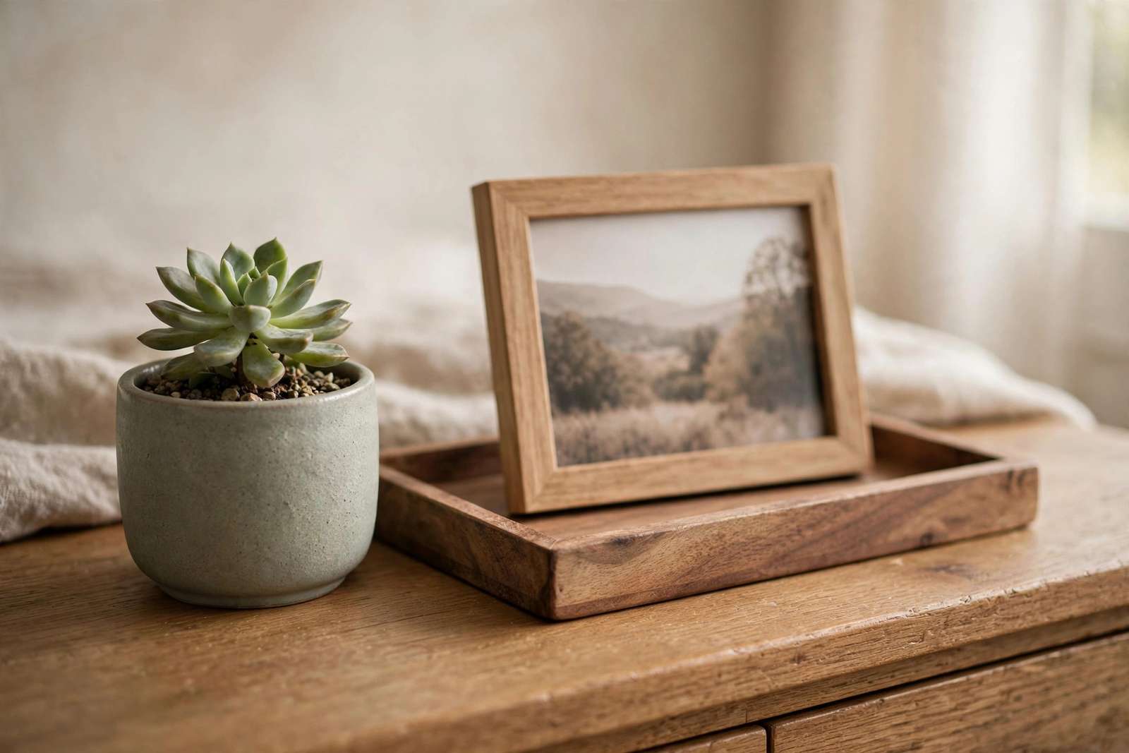 Styled dresser top with a few intentional objects: a small plant, a tray, and a framed photo
