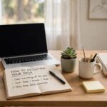How to Declutter Your Desk in One Focused Afternoon A clean, organized home office desk with a laptop, notebook, and small plant