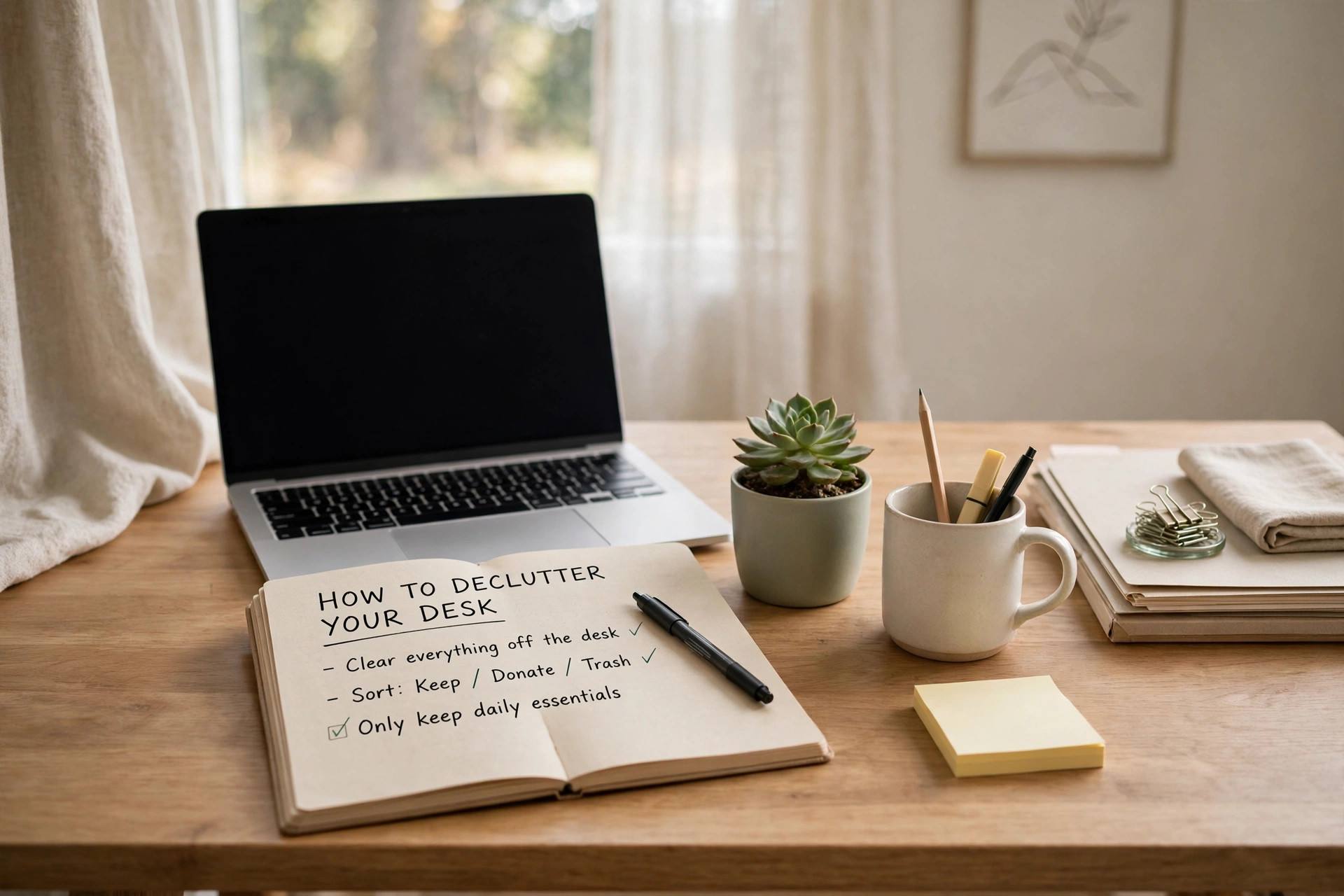 A clean, organized home office desk with a laptop, notebook, and small plant