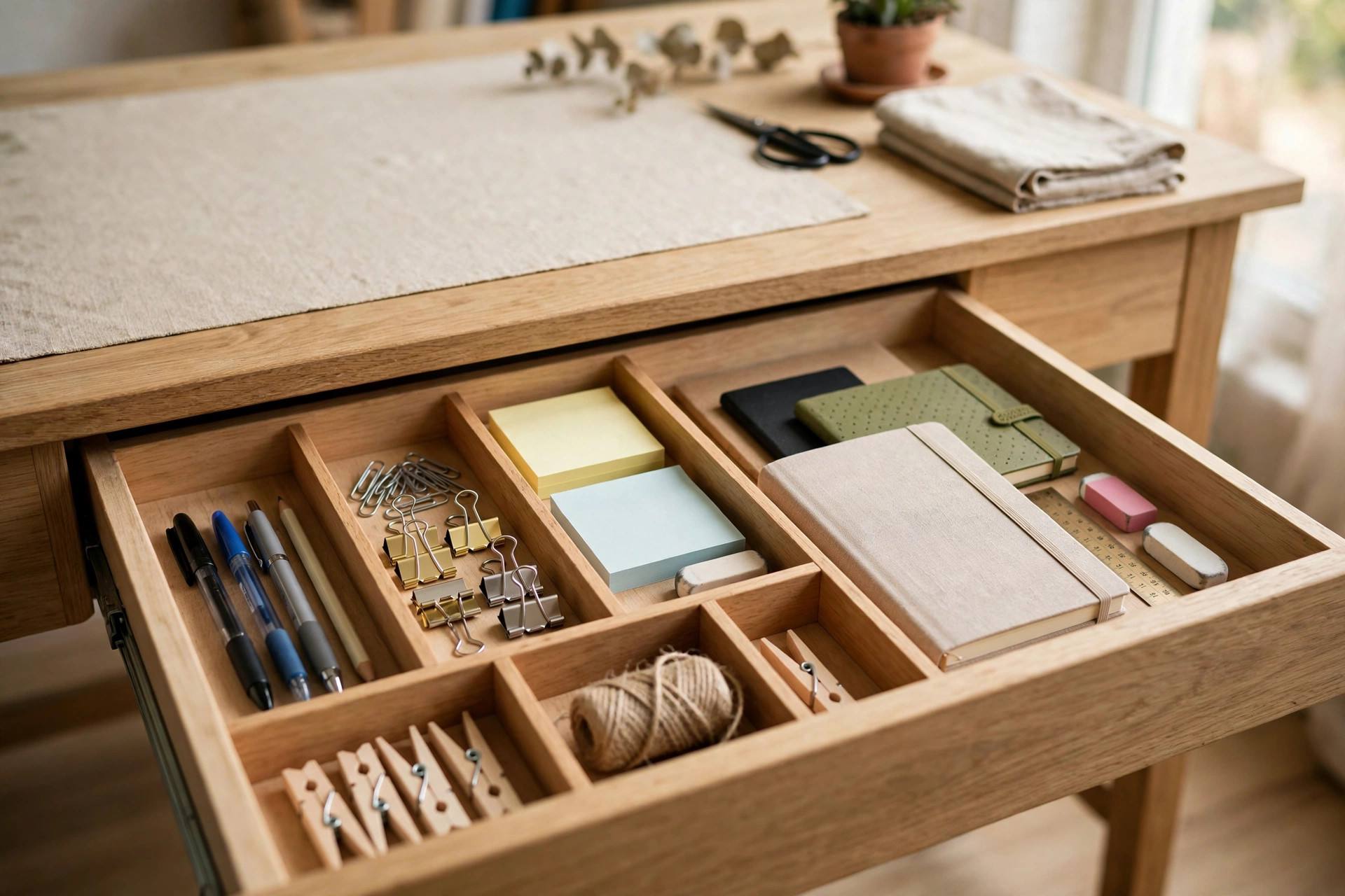 Open desk drawer with tidy compartments holding pens, clips, and notebooks