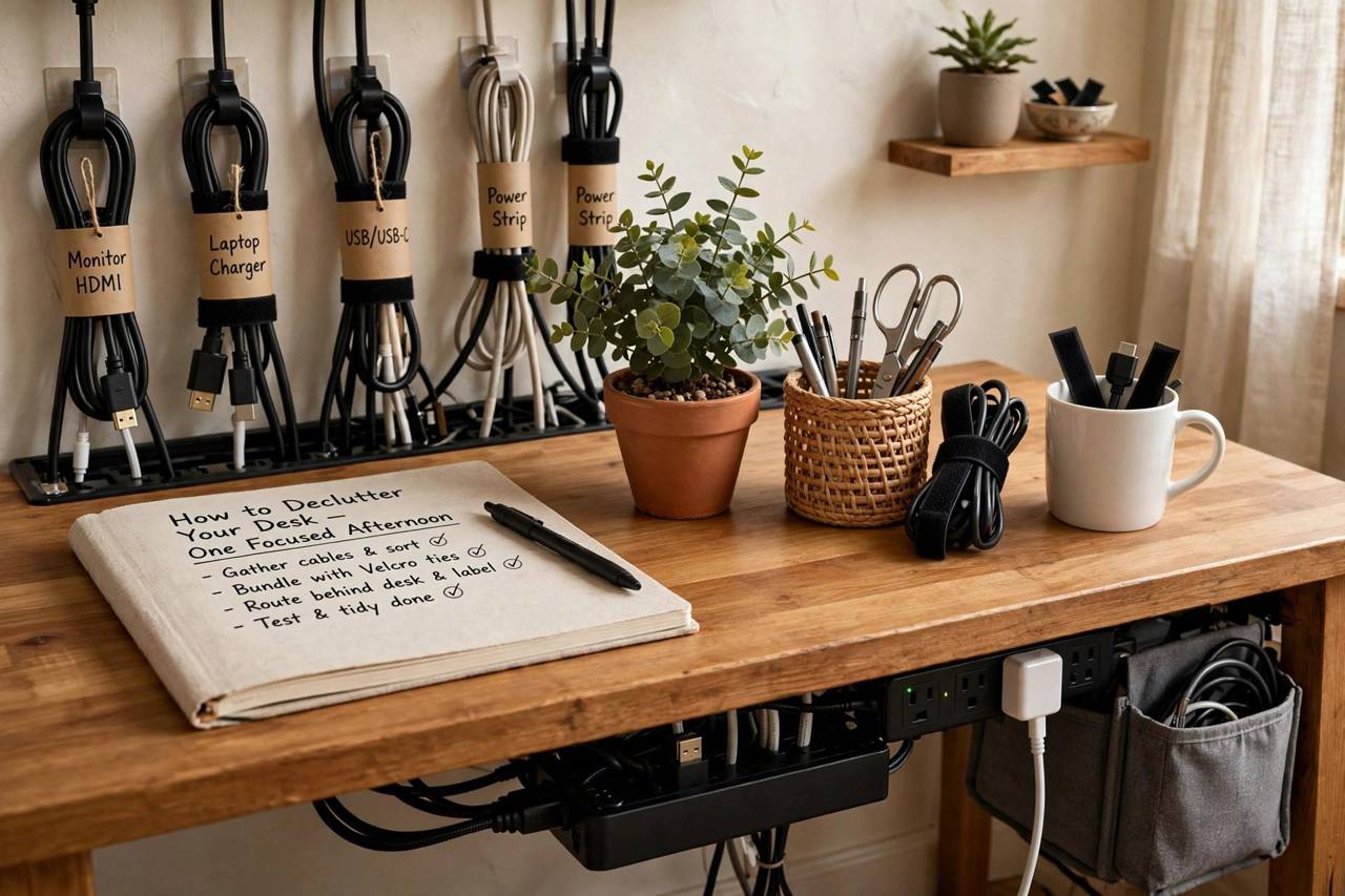 Desk cable management with bundled cords behind a wooden desk
