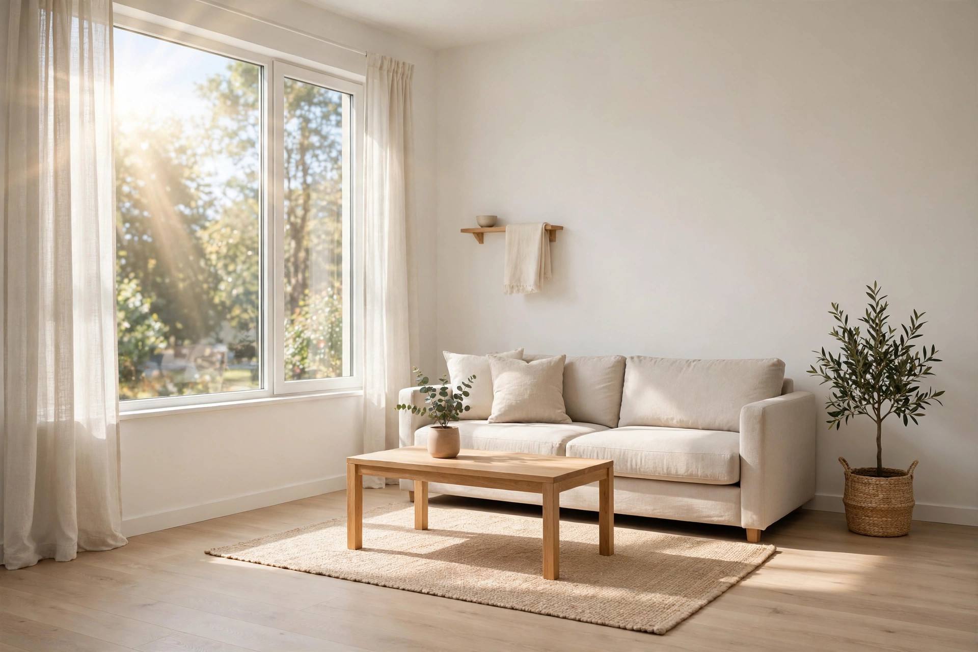 Bright tidy living room after decluttering with minimal furniture