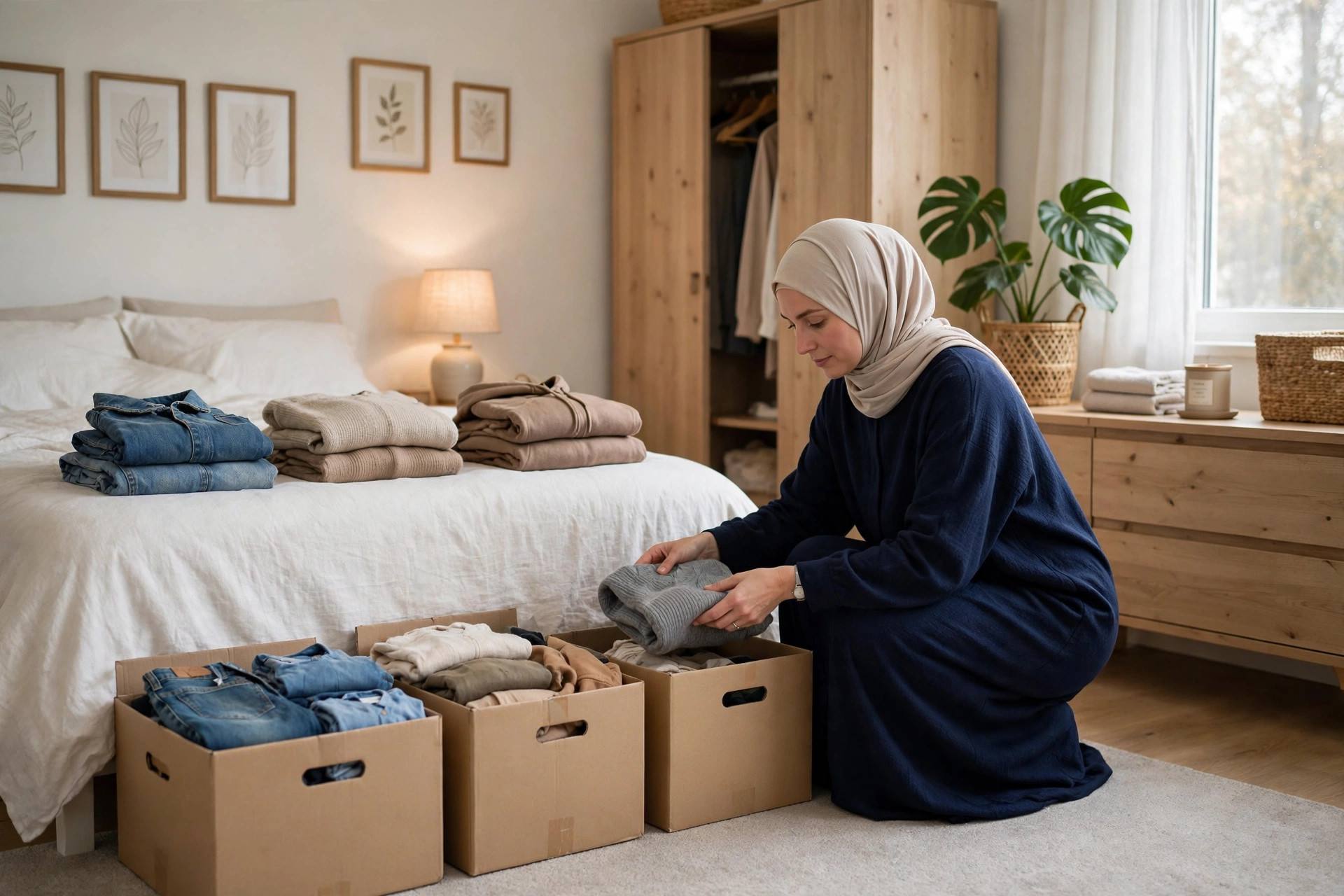 Woman sorting clothes into donation boxes in a bedroom