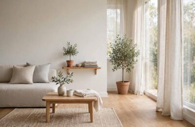 A calm, decluttered living room achieved by following steps on how to declutter your house