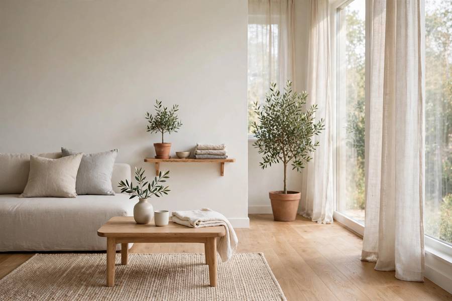 A calm, decluttered living room achieved by following steps on how to declutter your house