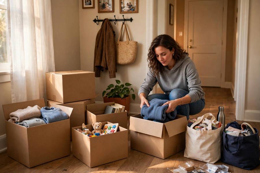 Sorting belongings into donation boxes during a home decluttering session