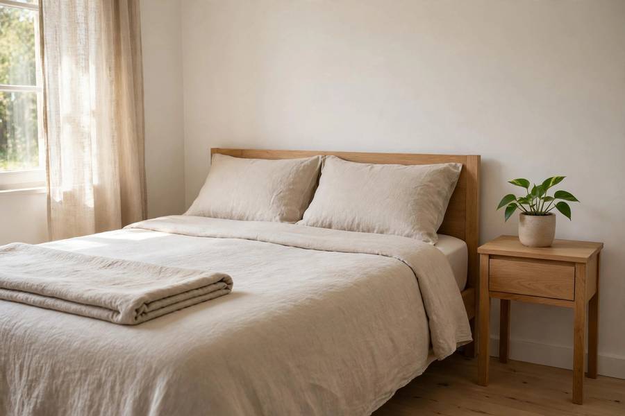 Peaceful minimalist bedroom with clear surfaces after decluttering