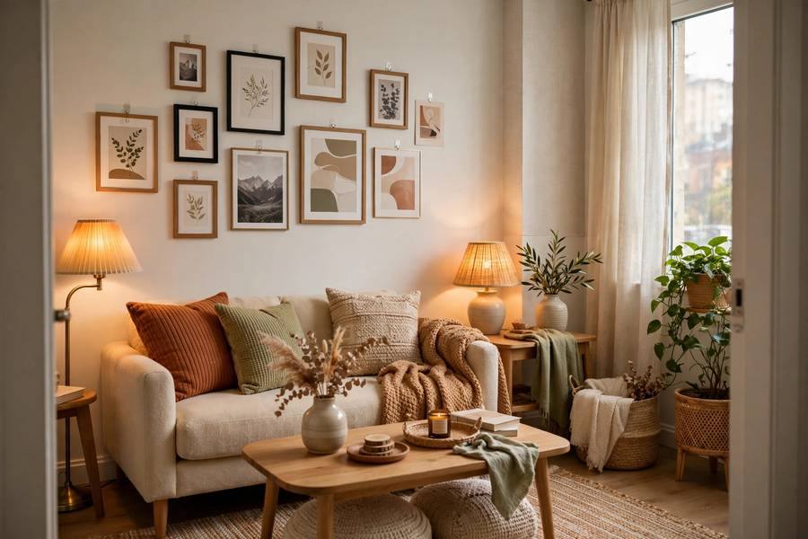 Beautiful small rental living room with renter-friendly decor, gallery wall, and warm lamps