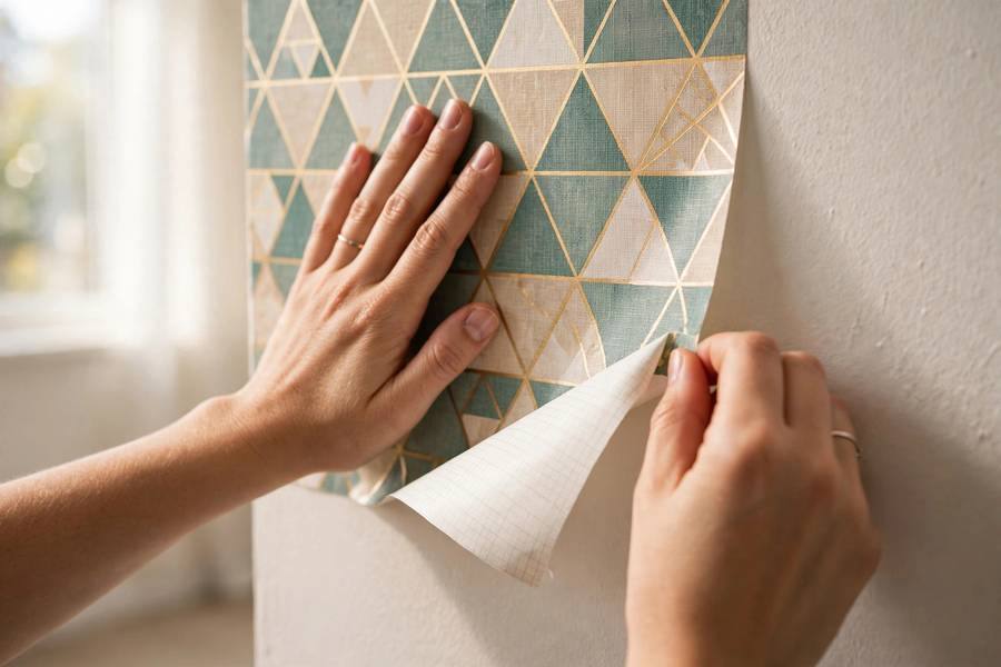 Hands applying peel-and-stick wallpaper to a rental apartment accent wall
