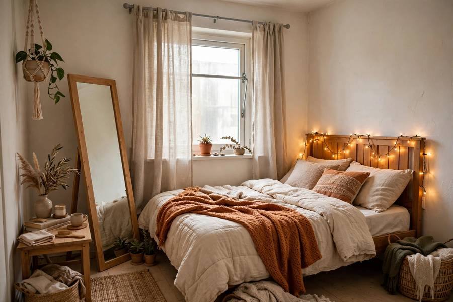 Small rental bedroom with tension-rod curtains, leaning mirror, and string lights