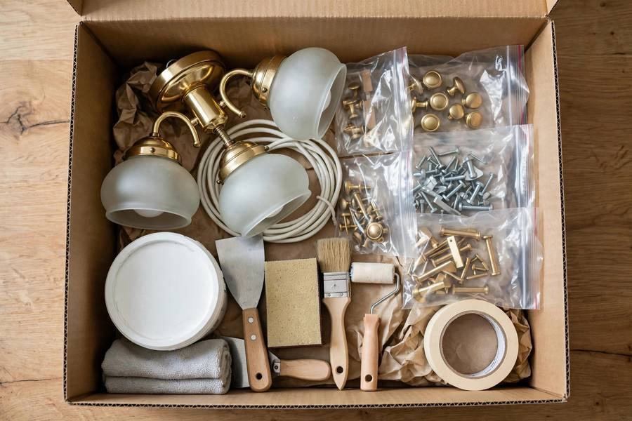 Organized move-out box with original fixtures, hardware bags, and patching supplies