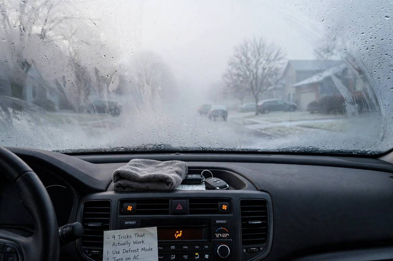 Fogged car windshield viewed from the driver seat on a cold morning