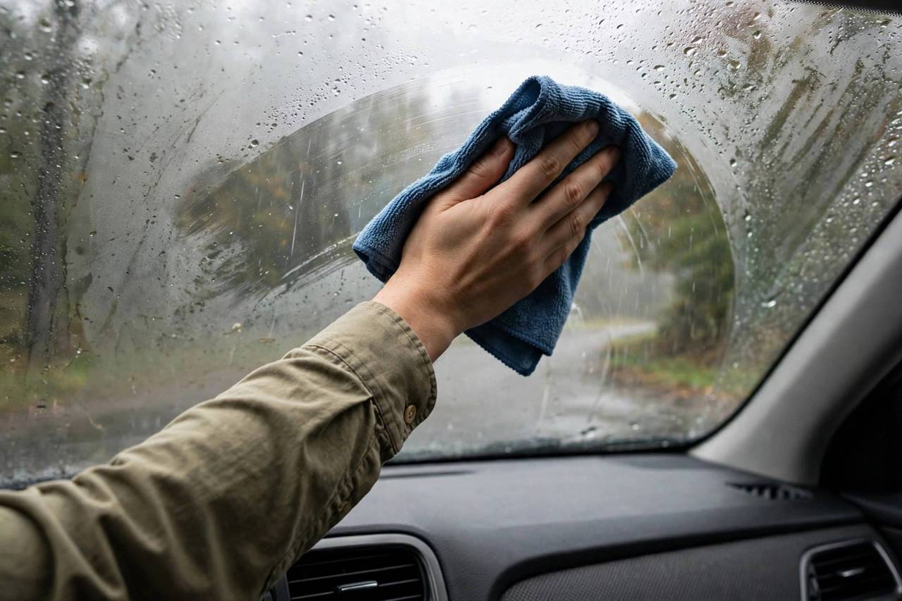 Driver wiping a fogged car windshield with a microfiber cloth