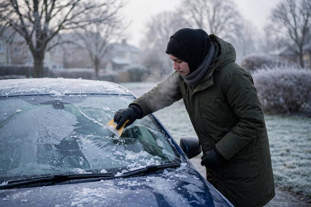 Person scraping ice off a car windshield on a frosty winter morning