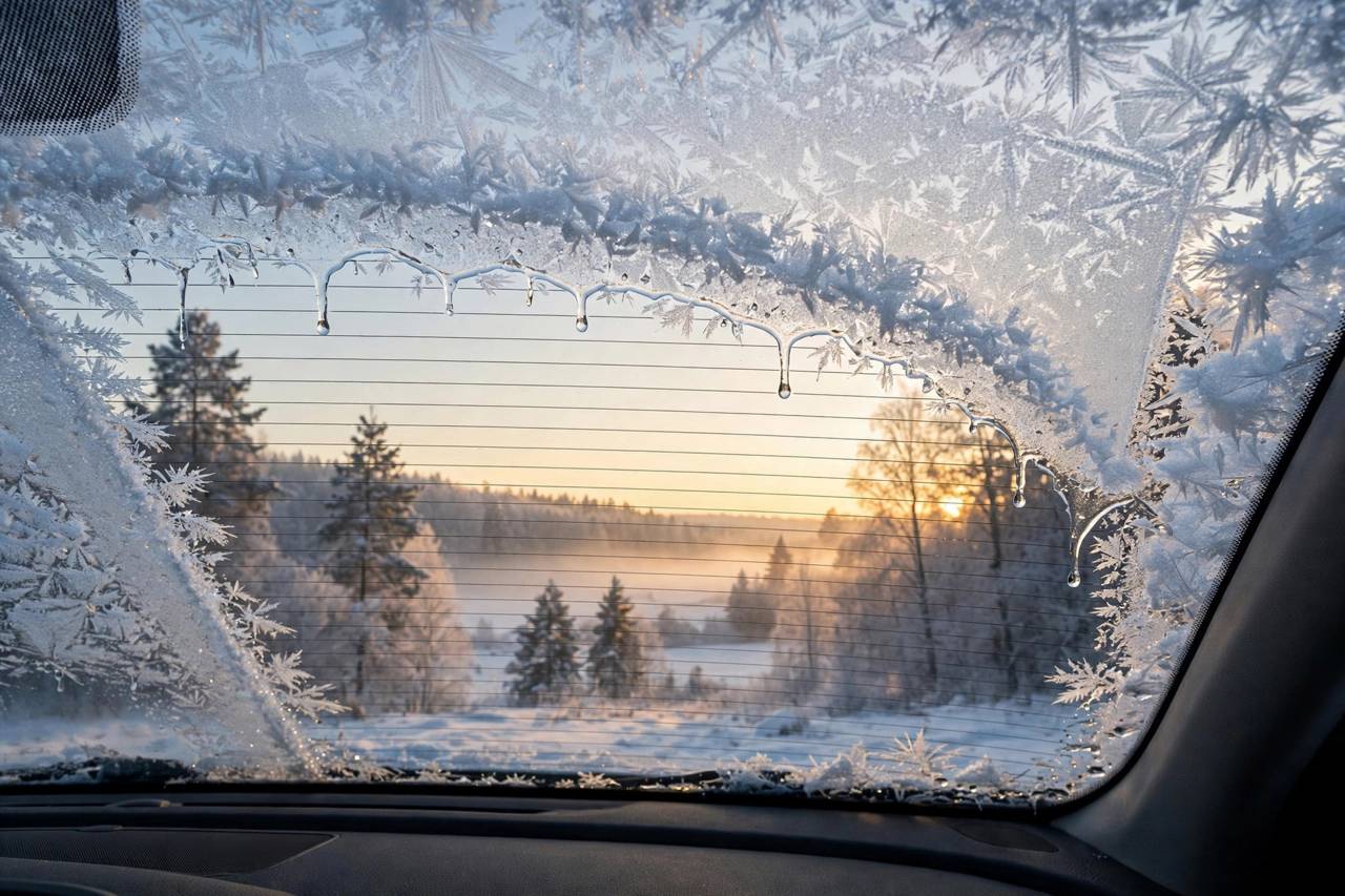 Car windshield half-cleared of frost with defroster working on a winter morning