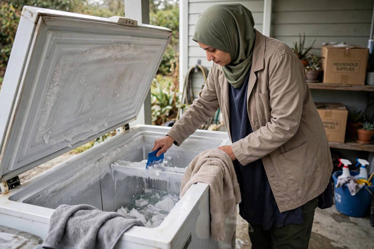 Person removing frost from an open chest freezer with a plastic scraper and towels