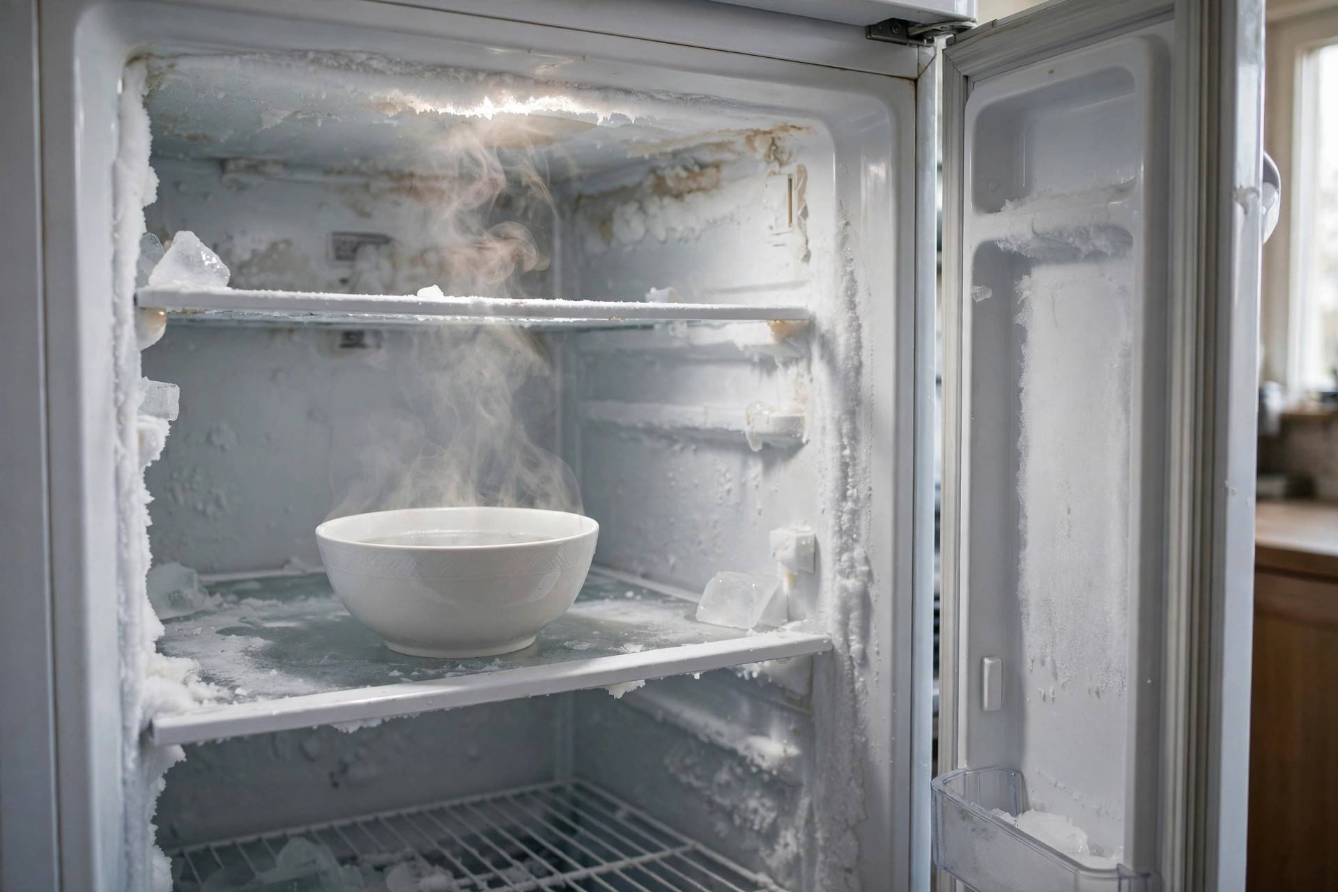 A bowl of steaming hot water placed inside an open freezer to loosen frost