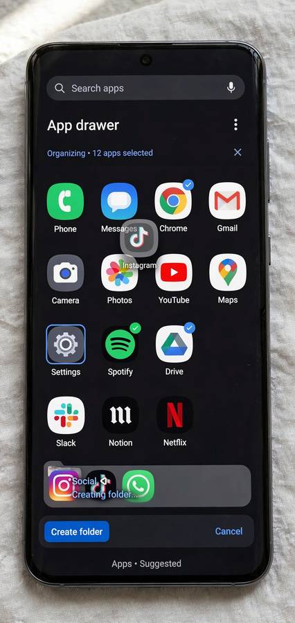 Samsung phone app drawer with apps being organized