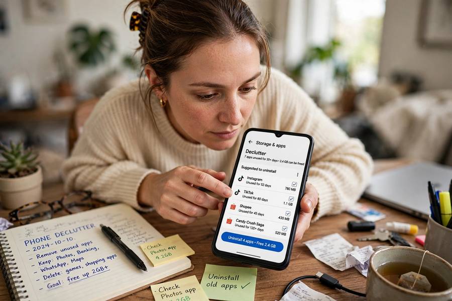Person decluttering apps on an Android phone