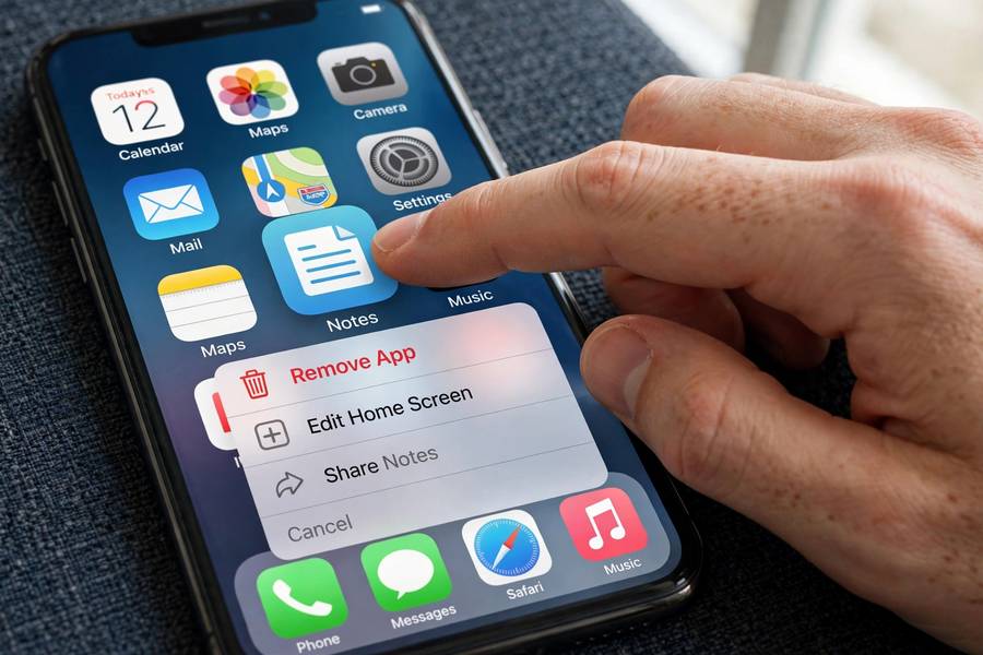 Long-pressing an iPhone app icon to reveal the delete menu