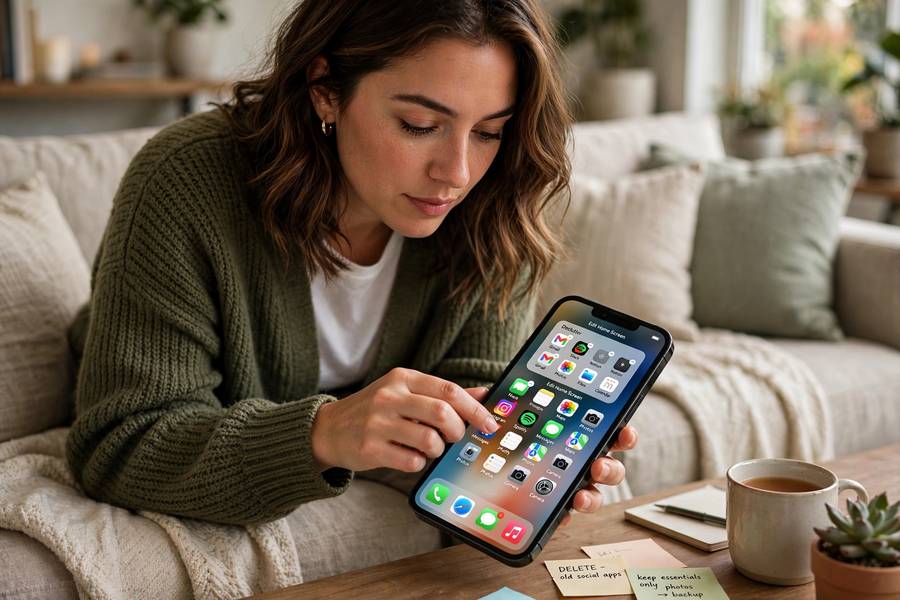 Person decluttering and organizing iPhone apps