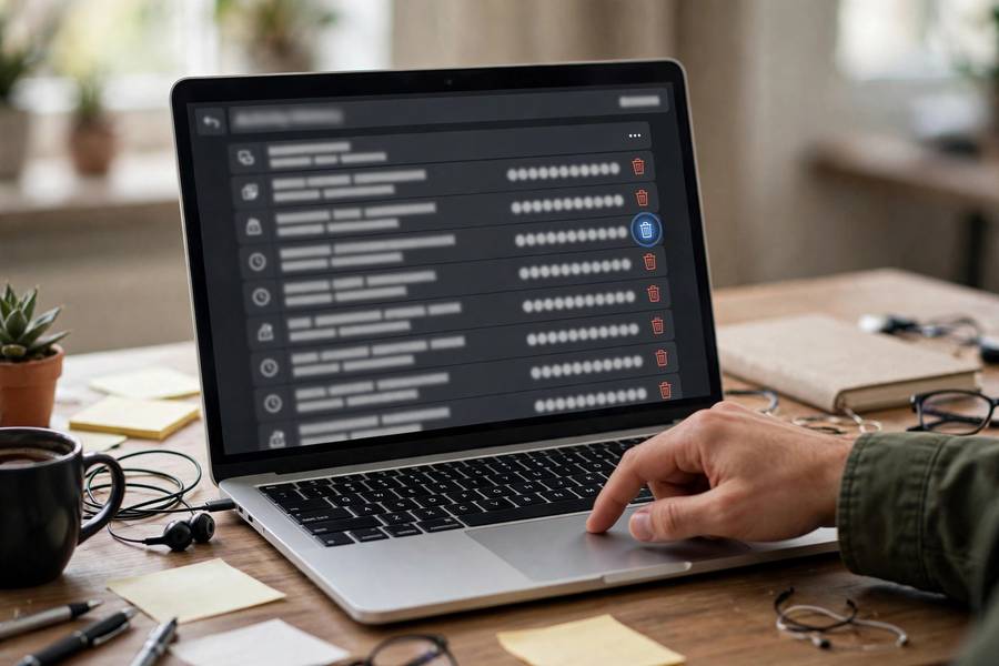 Person deleting Google search history on a laptop showing My Activity page