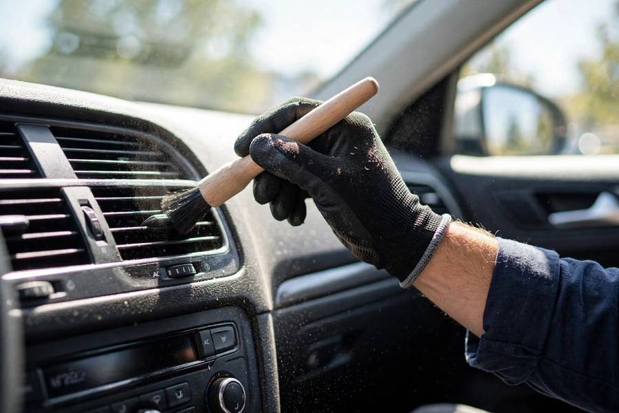 Detailing brush cleaning air vents, a step in how to detail car interior