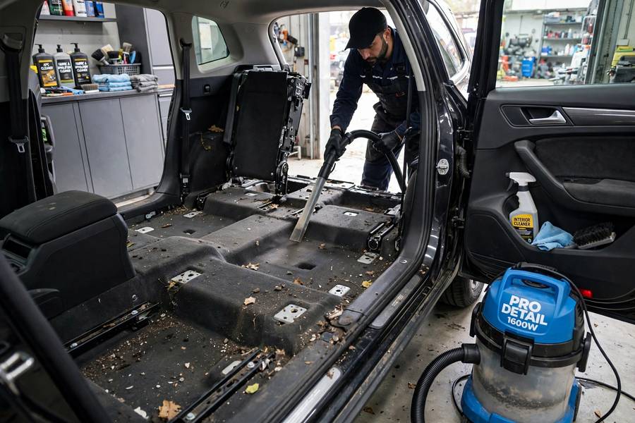 Deep vacuuming during how to detail car interior process