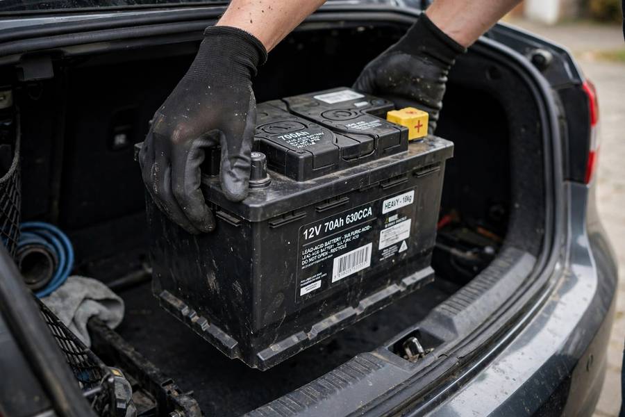 Safely handling an old battery for disposal with protective gloves