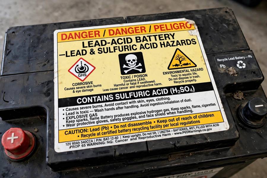 Hazard warning label explaining why proper disposal of old car battery matters