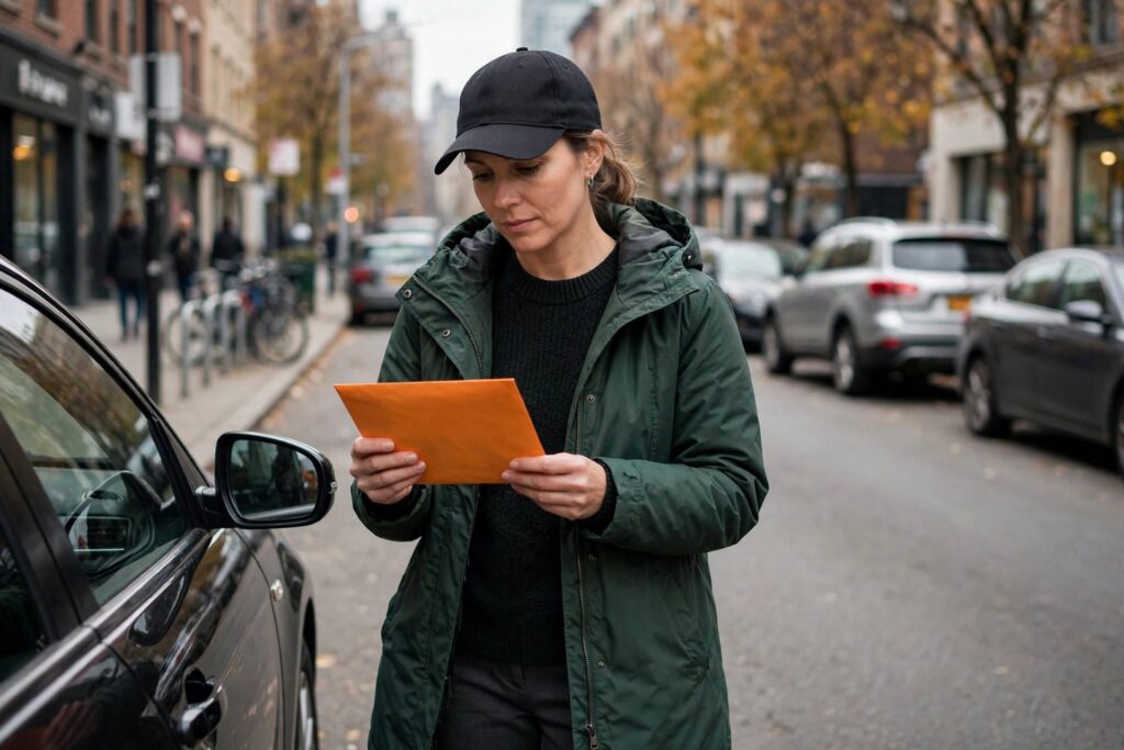Driver holding an orange parking ticket envelope on a city street