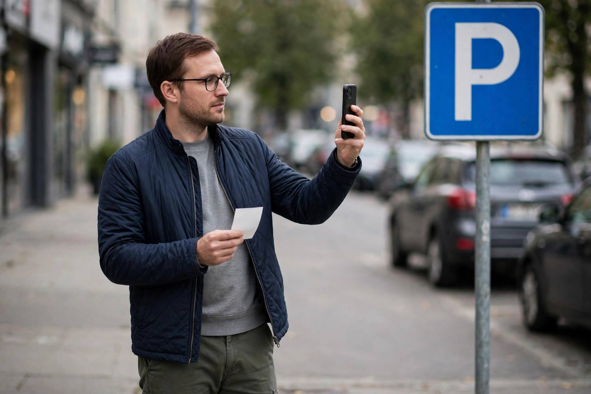 Driver holding a parking ticket and taking a photo of a street parking sign