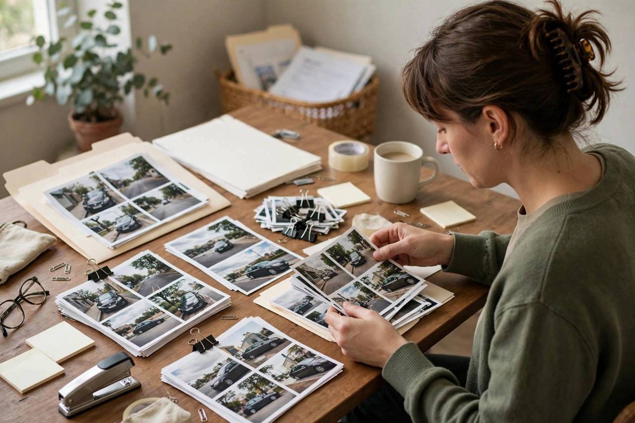 Person organizing parking ticket evidence photos and paperwork on a desk