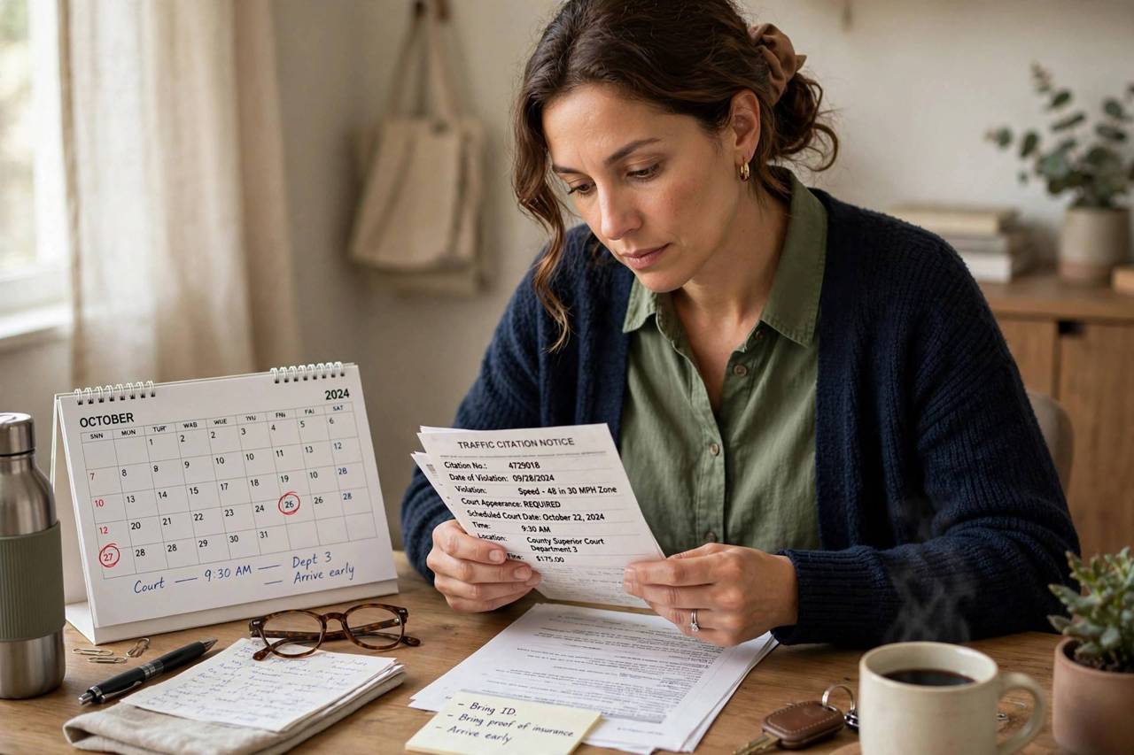 A person reviewing traffic ticket paperwork and a calendar with a court date circled